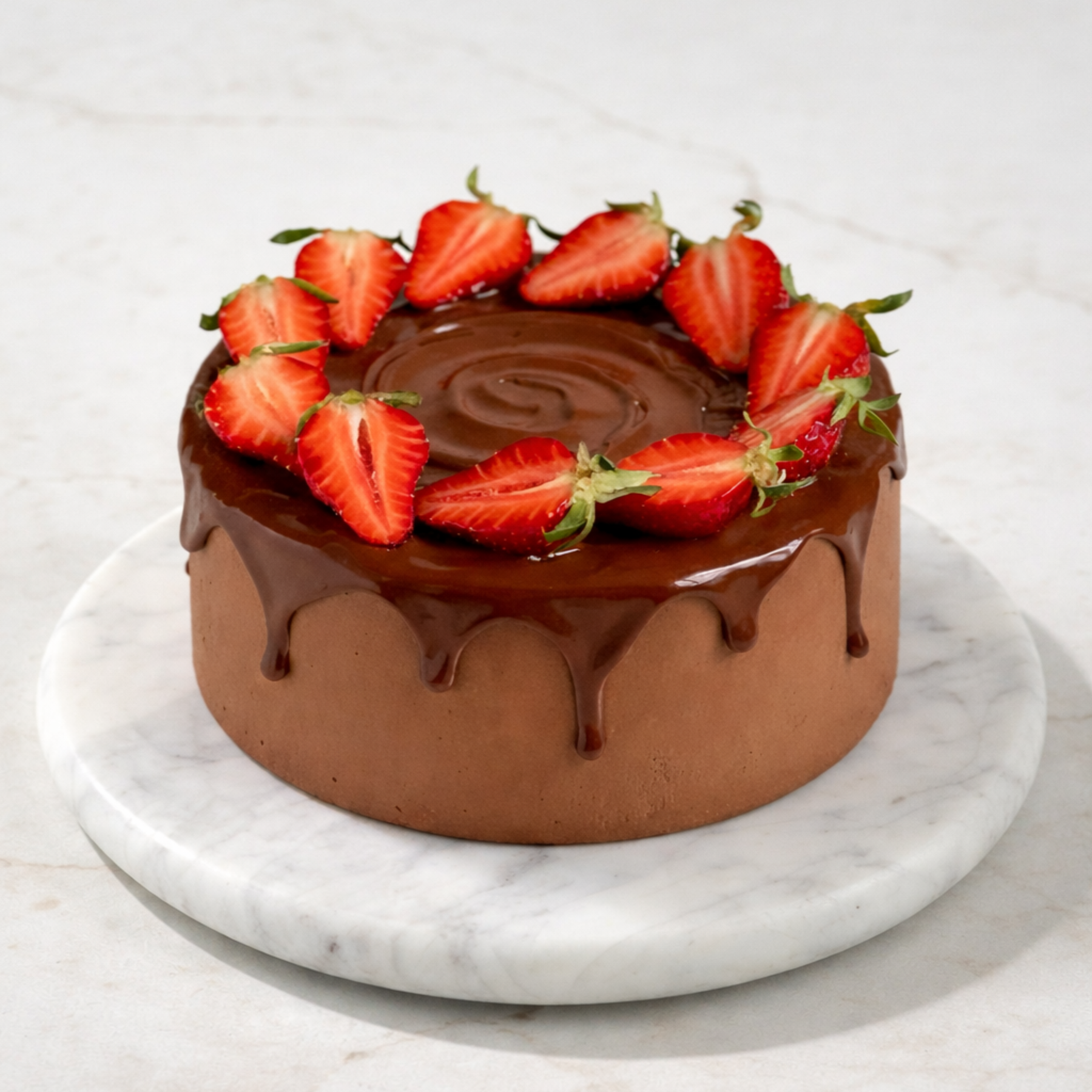 Chocolate cake with strawberry slices on a marble stand