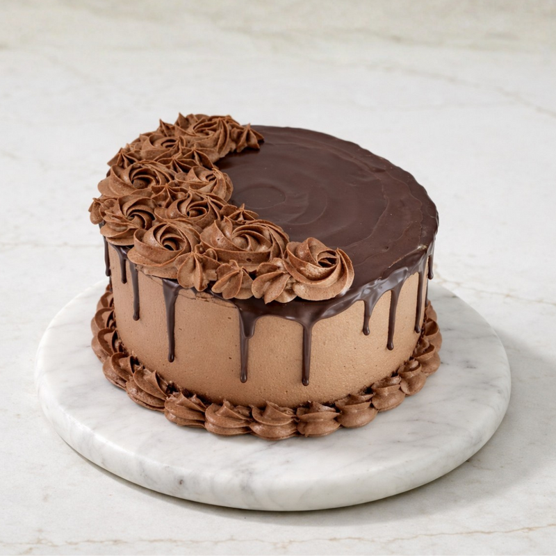 Chocolate cake with piped rosettes, glossy top, and crescent moon chocolate drip on marble platter.