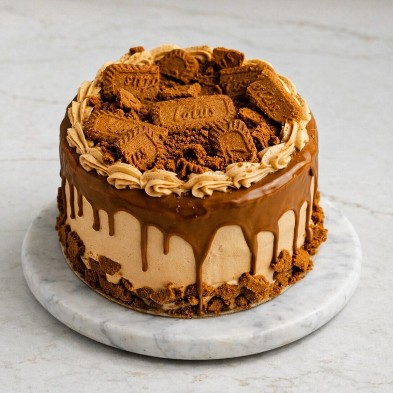 Biscoff Overload Cake with crumb coating, caramel rosettes, drip, and biscoff pieces on top, on a marble platter.