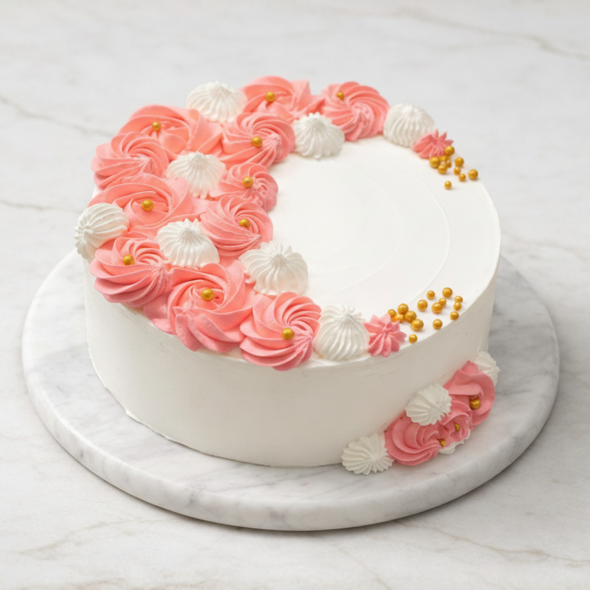 Elegant cake with pink and white rosettes, gold accents on a marble platter.