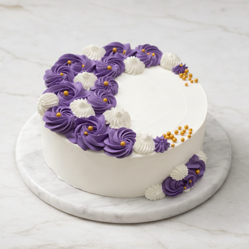 Elegant cake adorned with purple and white rosettes, and gold sprinkles, on a white marble stand.