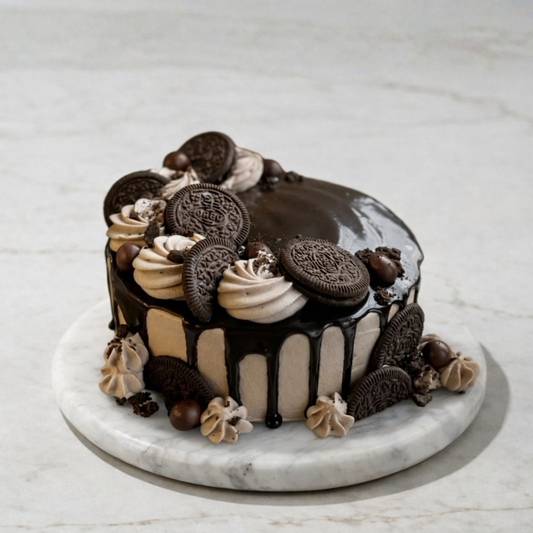 Cookies and Cream Delight cake with vanilla layers, cookie pieces, and piped rosettes - Toromi Bakehouse