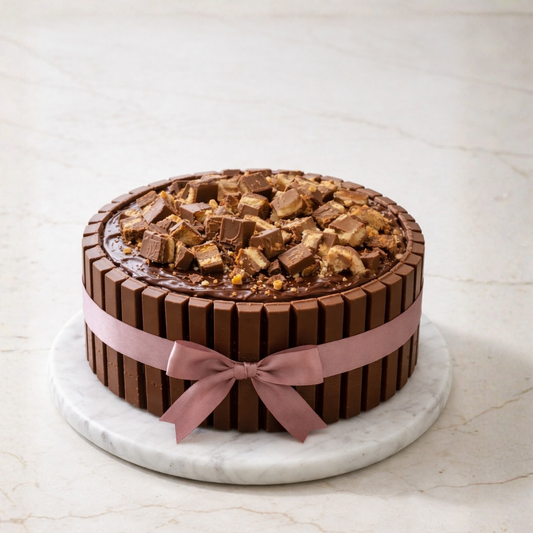 KitKat Ribbon cake with chocolate layers, KitKat pieces, and a pink ribbon bow - Toromi Bakehouse