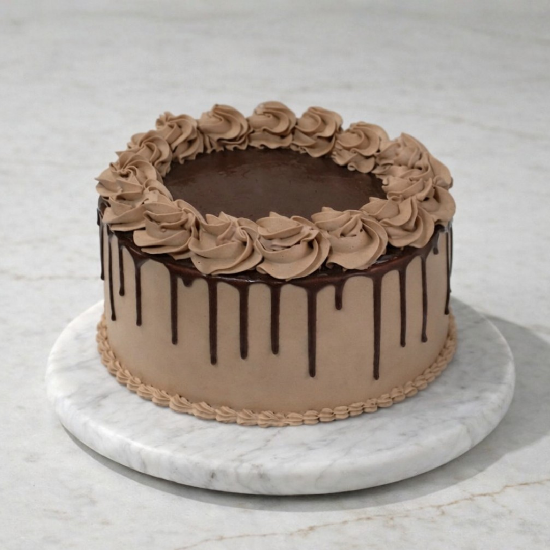 Chocolate cake with chocolate frosting on a marble surface