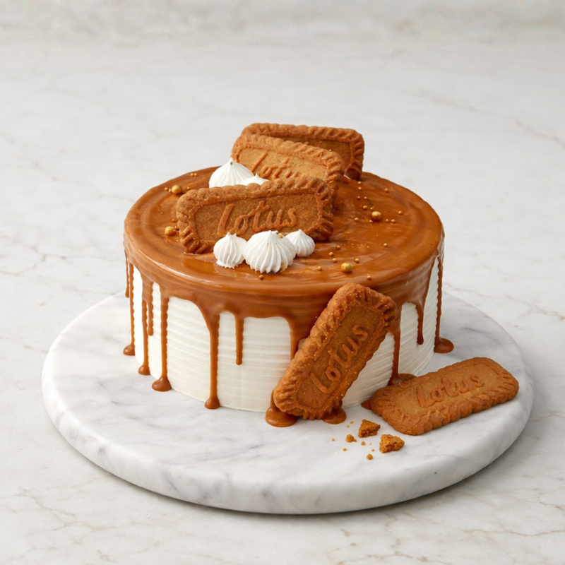 Biscoff Drip Cake with caramel layers, biscoff drip, biscoff pieces, and white piping on marble stand.