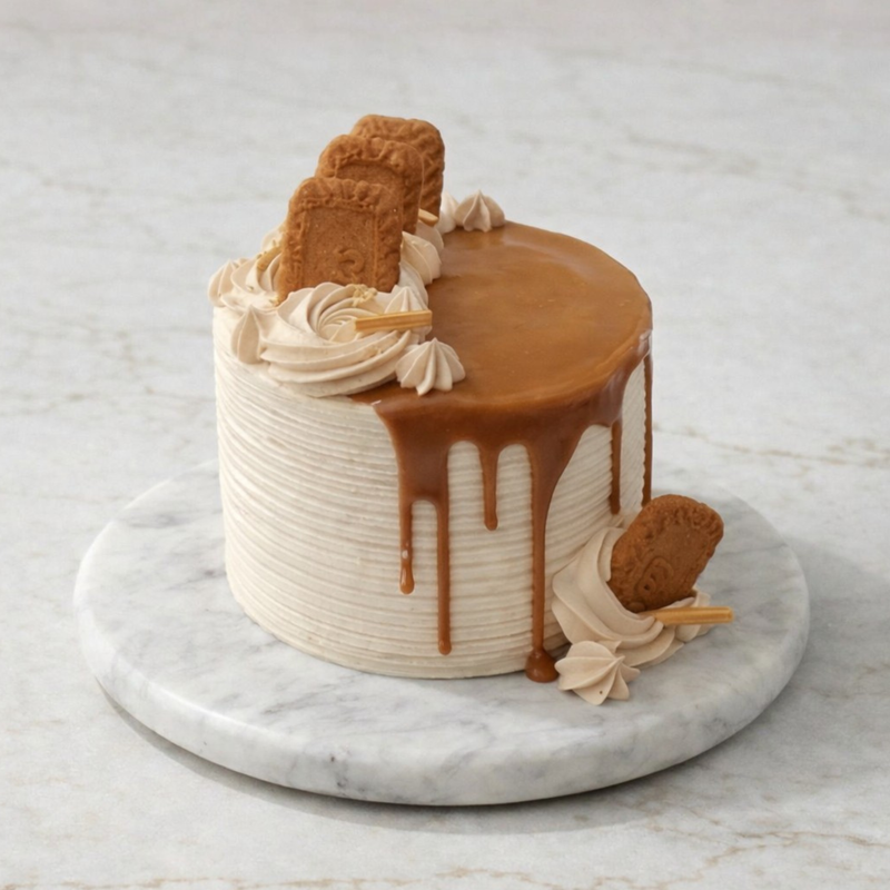 Biscoff Luxe Cake with caramel drip, piped rosettes, and Biscoff pieces on marble stand.