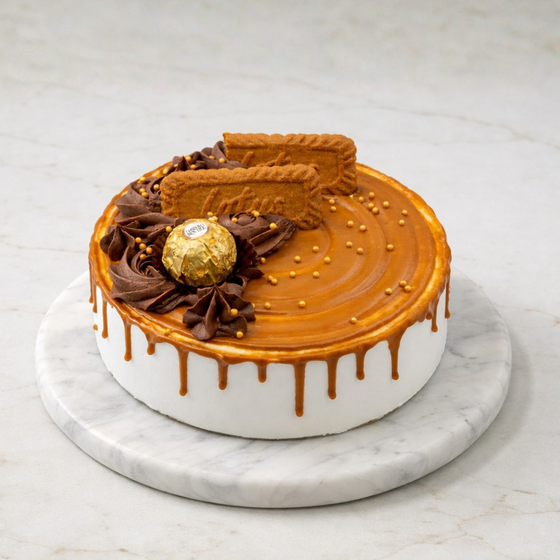 Biscoff x Ferrero Cake with caramel layers, chocolate rosettes, biscoff, chocolate drip, and Ferrero Rocher on top.