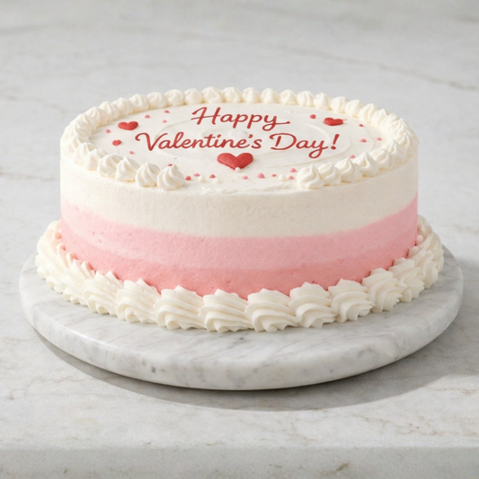 Valentine's Day cake with pink and white design on a marble surface