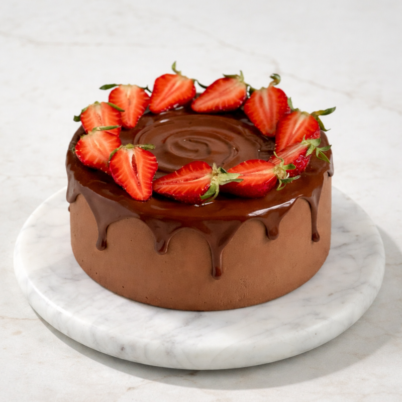 Chocolate cake with strawberry slices on a marble stand