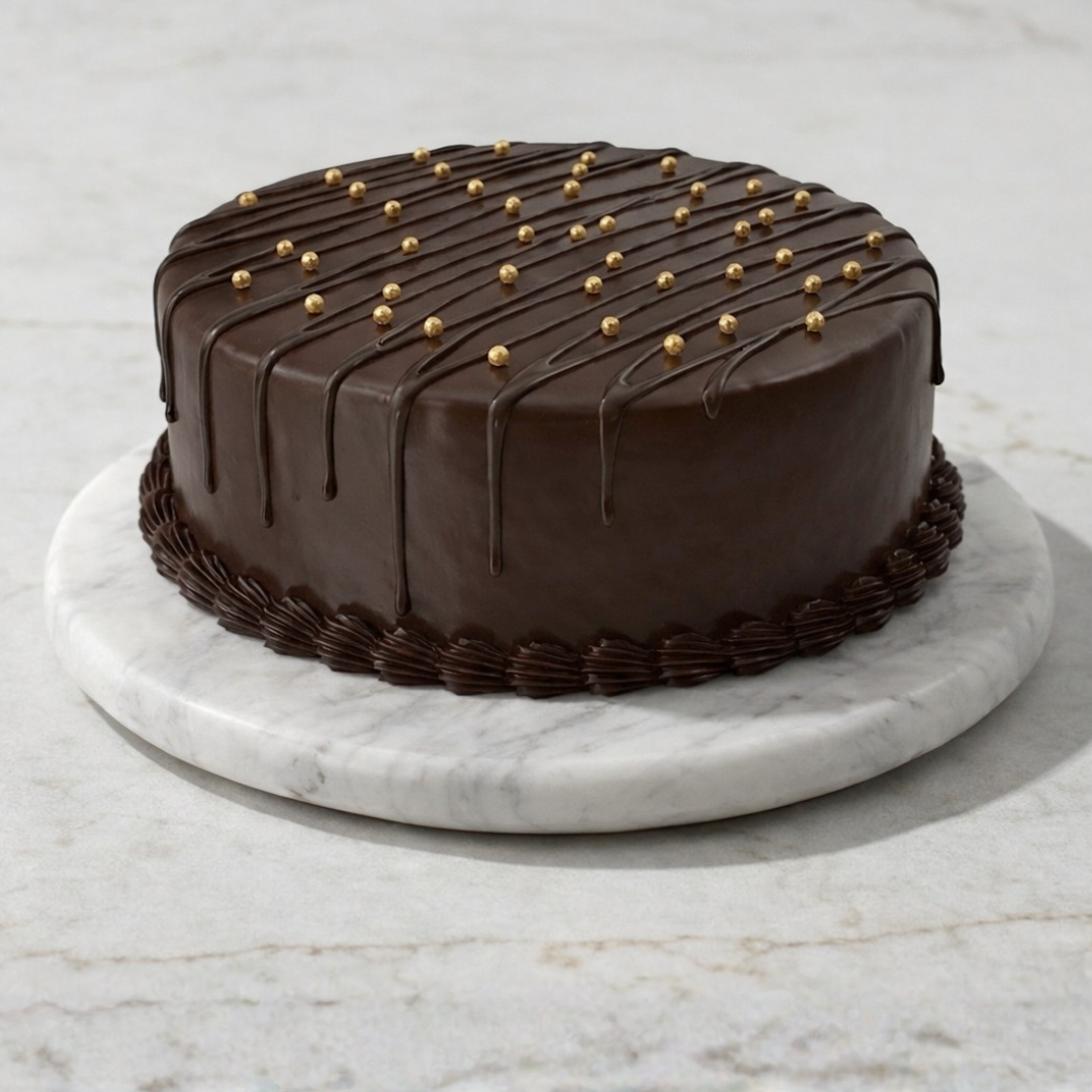 Chocolate cake with gold decorations on a marble stand
