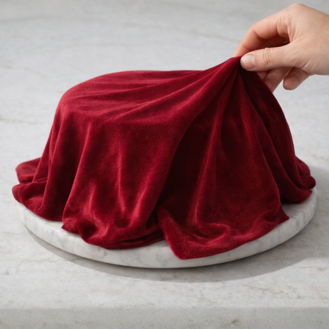 Red fabric being held over a round marble slab on a light gray background