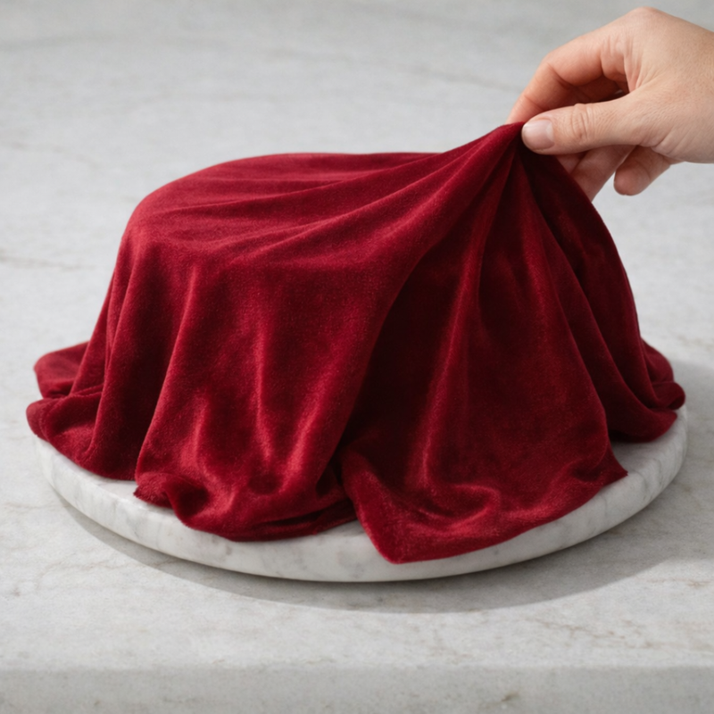 Red fabric being held over a round marble slab on a light gray background