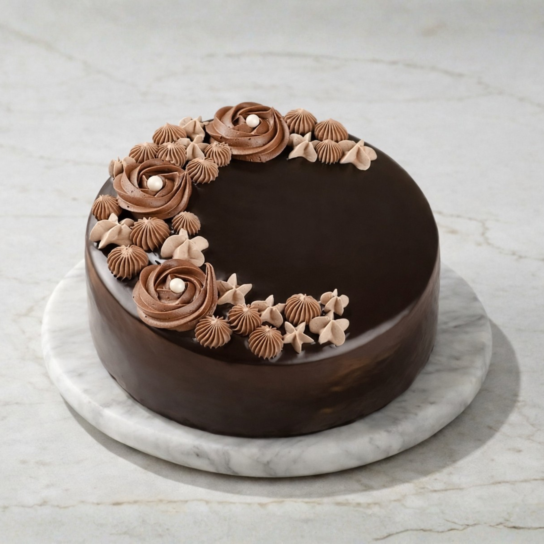 Elegant dark chocolate cake with piped rosettes and white flowers, displayed on a marble surface.
