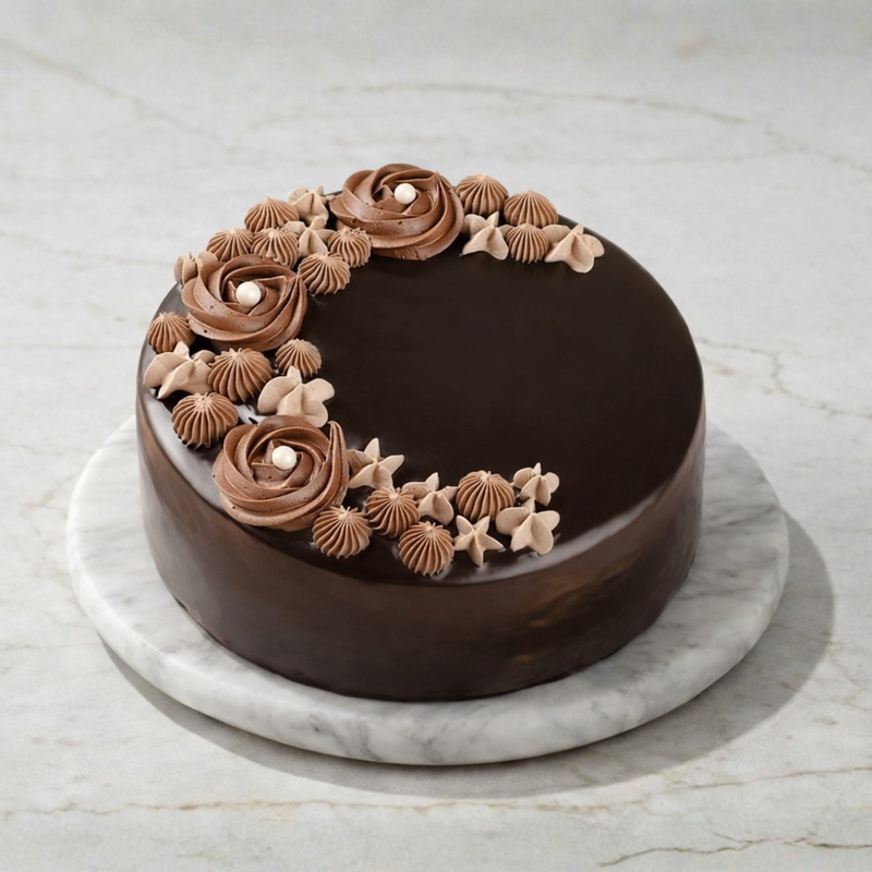Elegant dark chocolate cake with piped rosettes and white flowers, displayed on a marble surface.