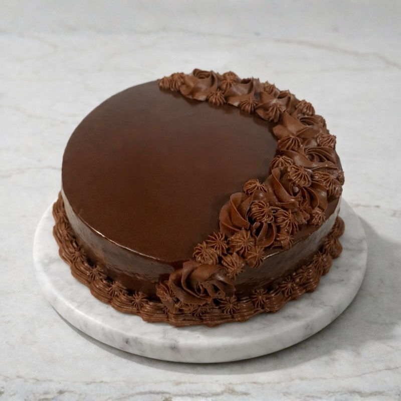 Glossy chocolate cake with piped rosettes on a marble platter.