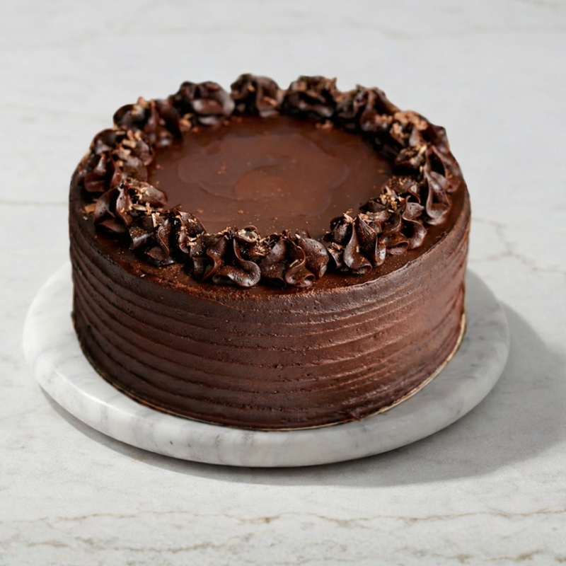 Chocolate cake with decorative frosting on a marble surface