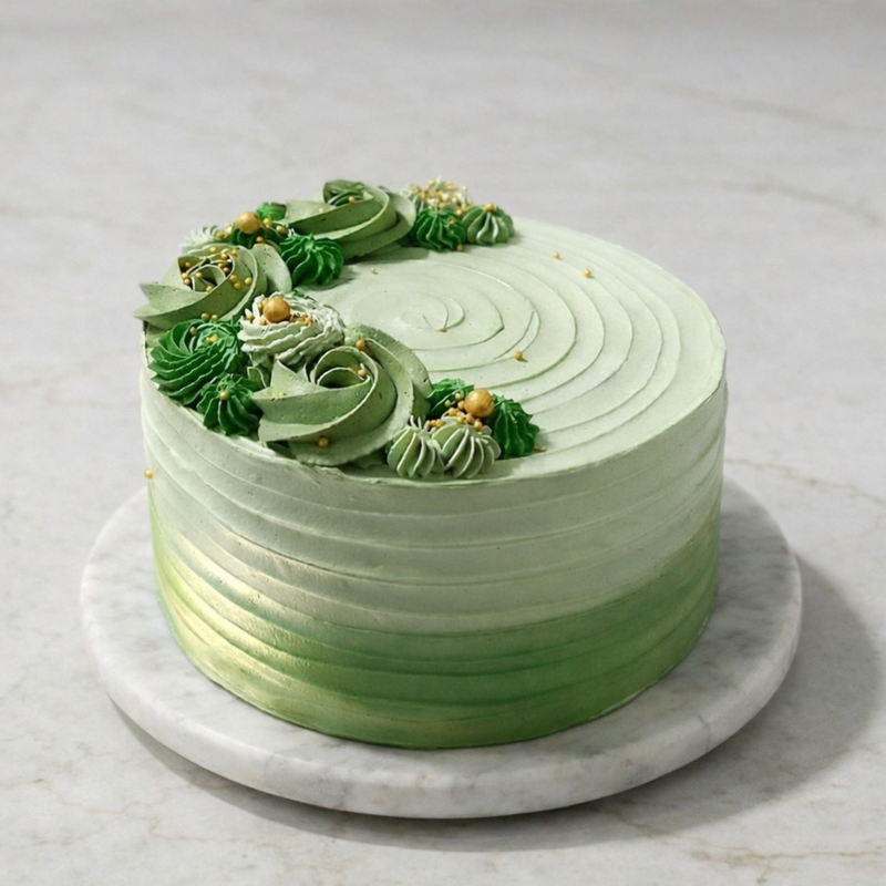 Green Ombré Cake with textured piping, adorned with green and white flowers on a marble cake stand.
