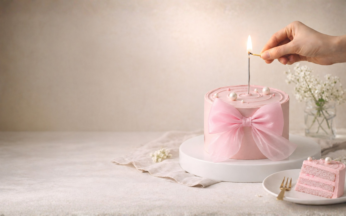 Pink cake with a bow and a lit candle being blown out on a light background