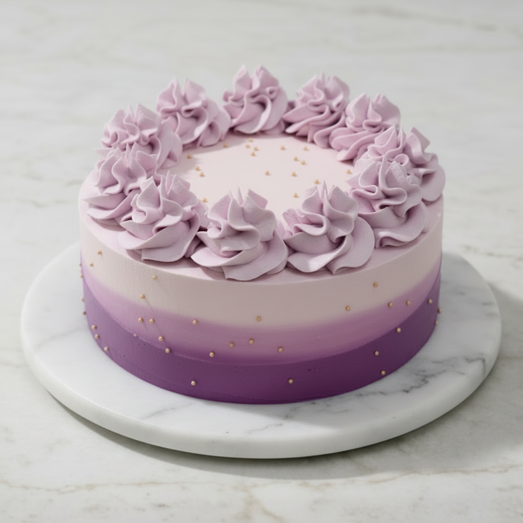 A layered cake with purple rosettes and gold pearl accents on a marble platter.