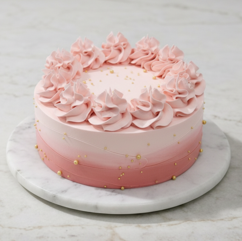 Elegant cake with pink ombre rosettes and gold pearl accents on a marble platter.