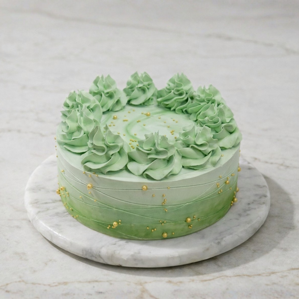 Green frosted cake with gold decorations on a marble surface