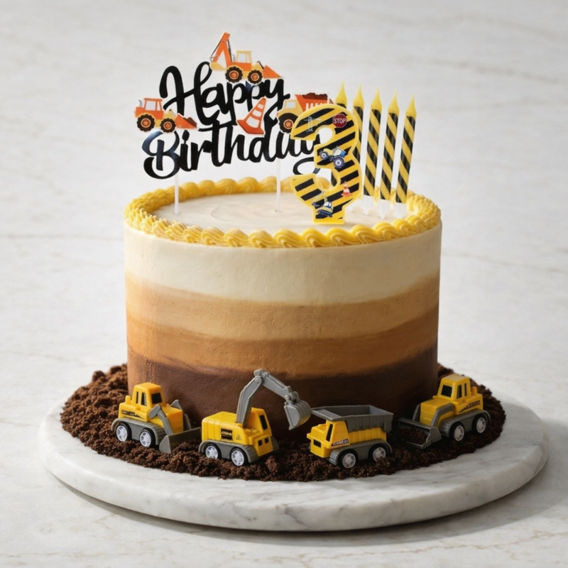 Construction-themed cake with toy trucks, chocolate dirt, yellow accents, and "Happy Birthday" topper.