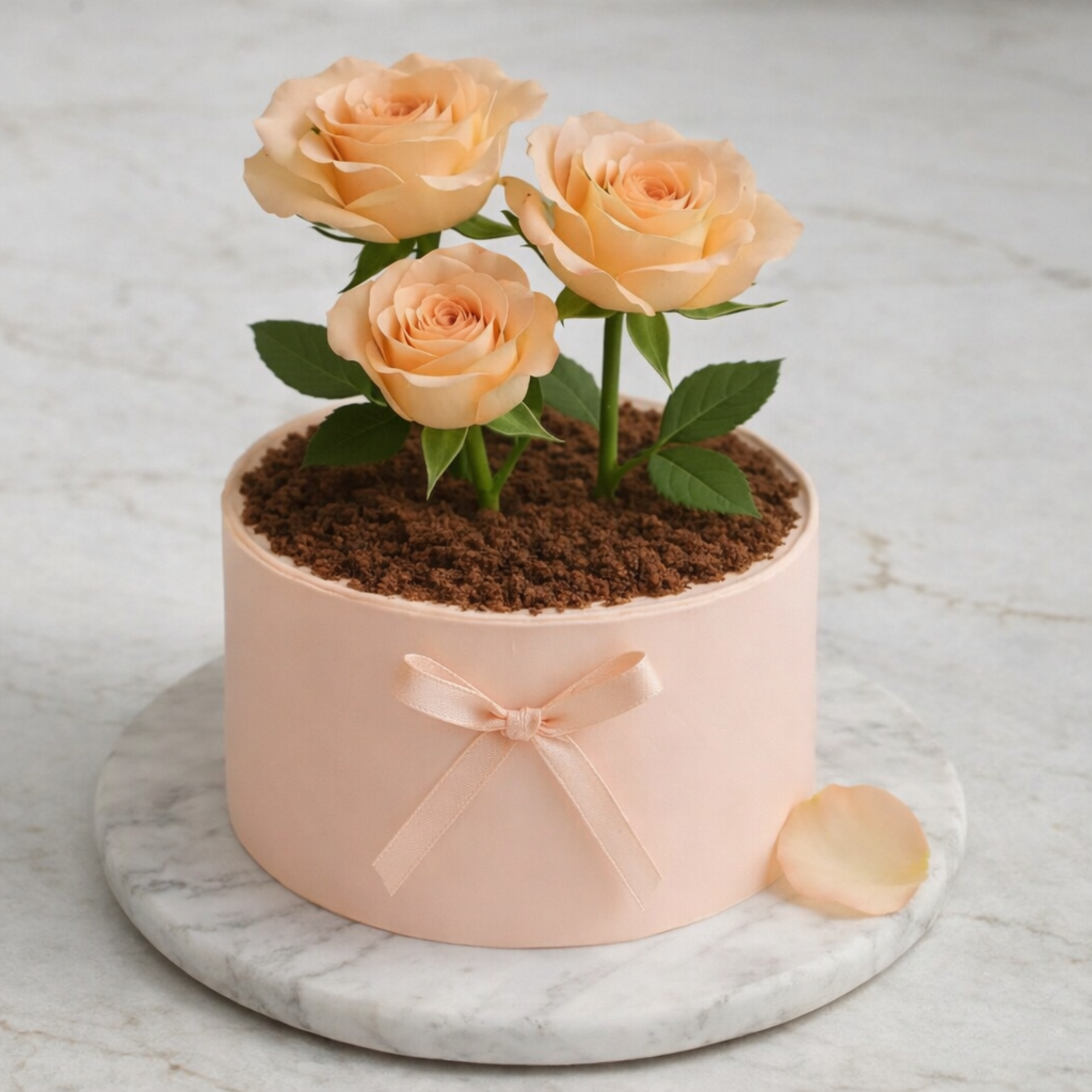 Pink flower pot with peach-colored roses on a marble surface