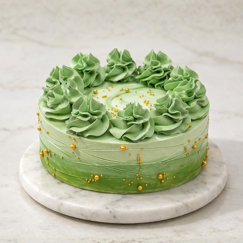 Green ombré cake with piped rosettes and gold pearl accents on a marble stand.