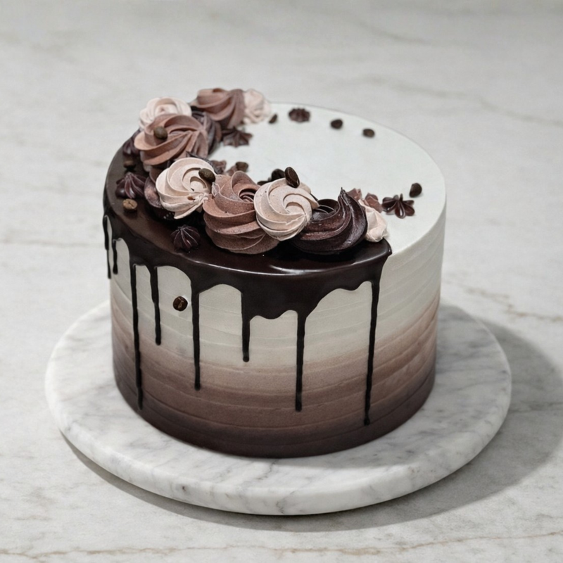 Chocolate ombré cake with piped rosettes and chocolate drip, displayed on a marble surface.