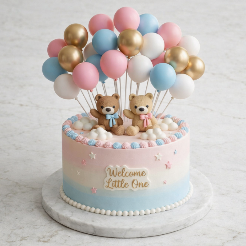 Gender reveal cake with teddy bears, pastel balloons, and "Welcome Little One" inscription on marble surface.