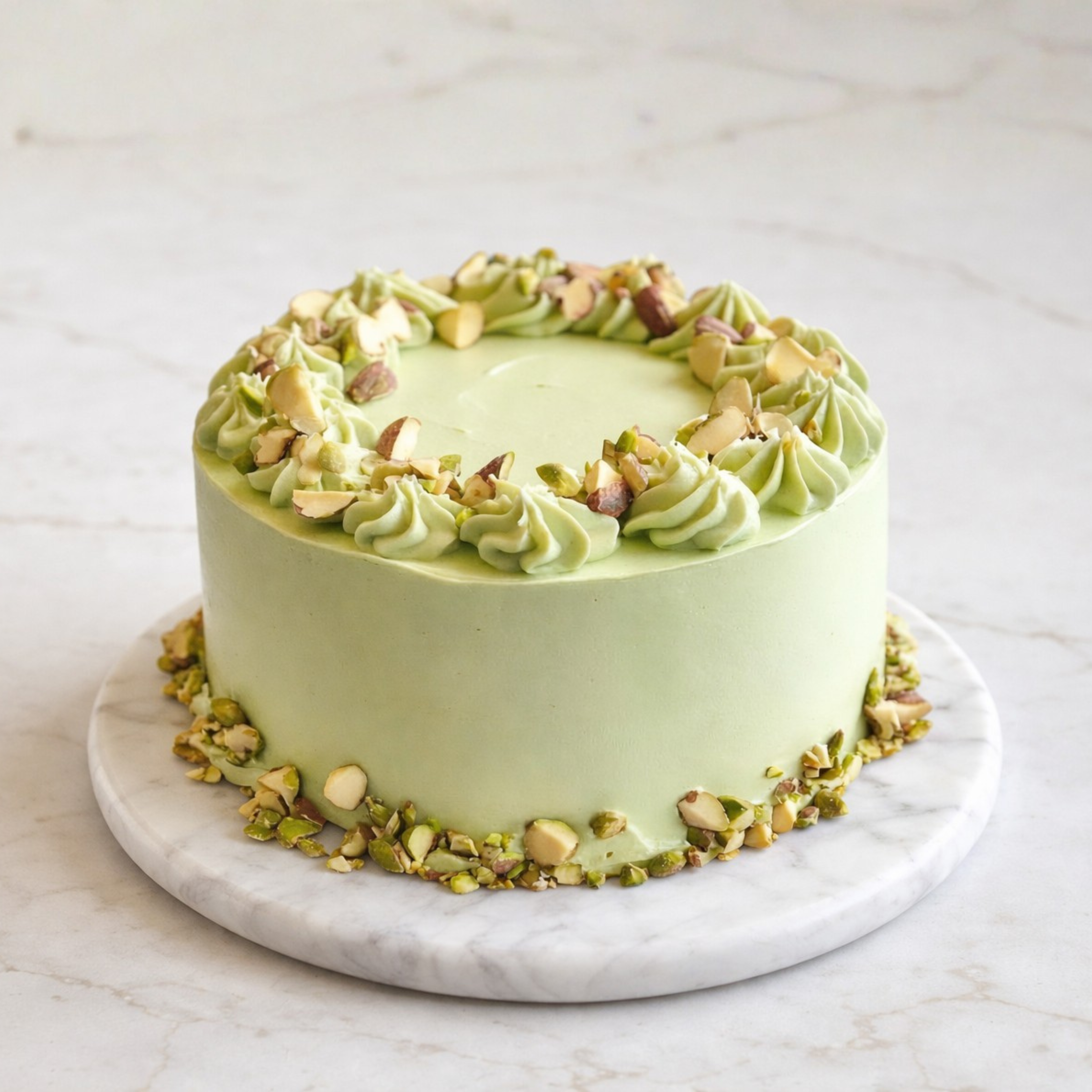 Pistachio cake with green piped rosettes and crushed nuts on a marble platter.