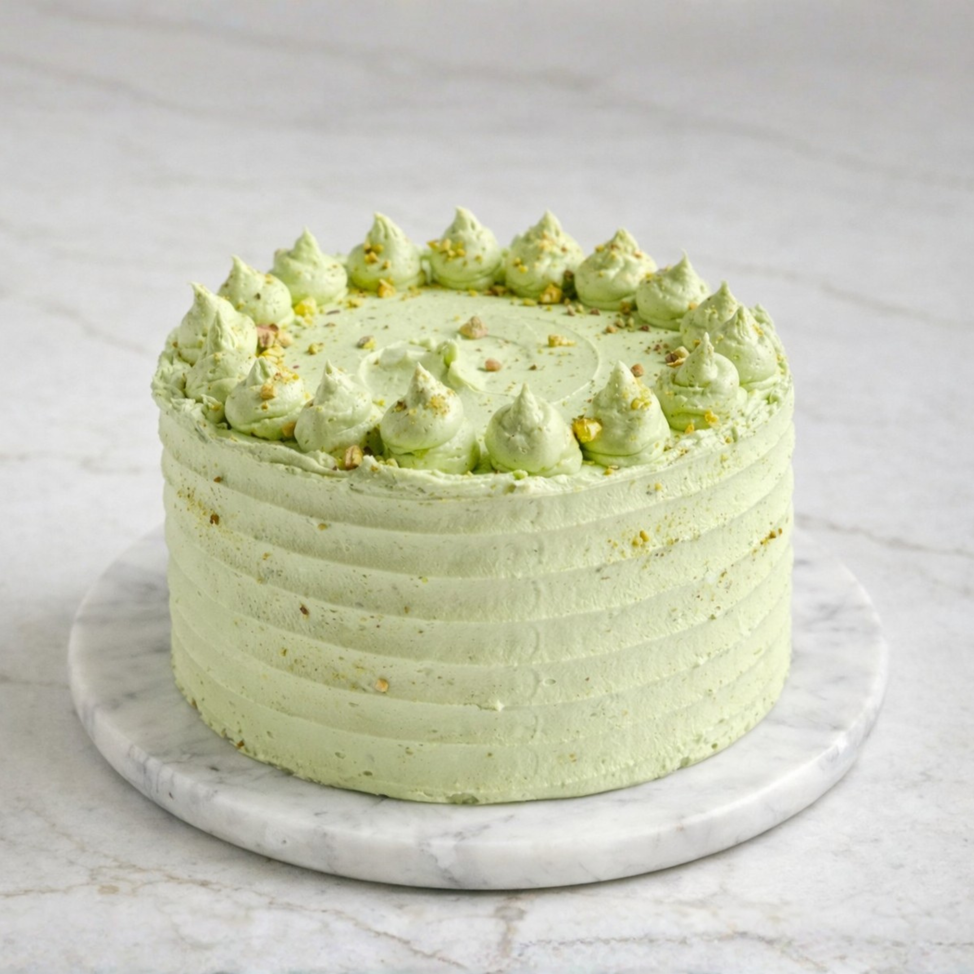 Pistachio cake with green textured layers, topped with piped rosettes and crushed pistachios on marble platter.