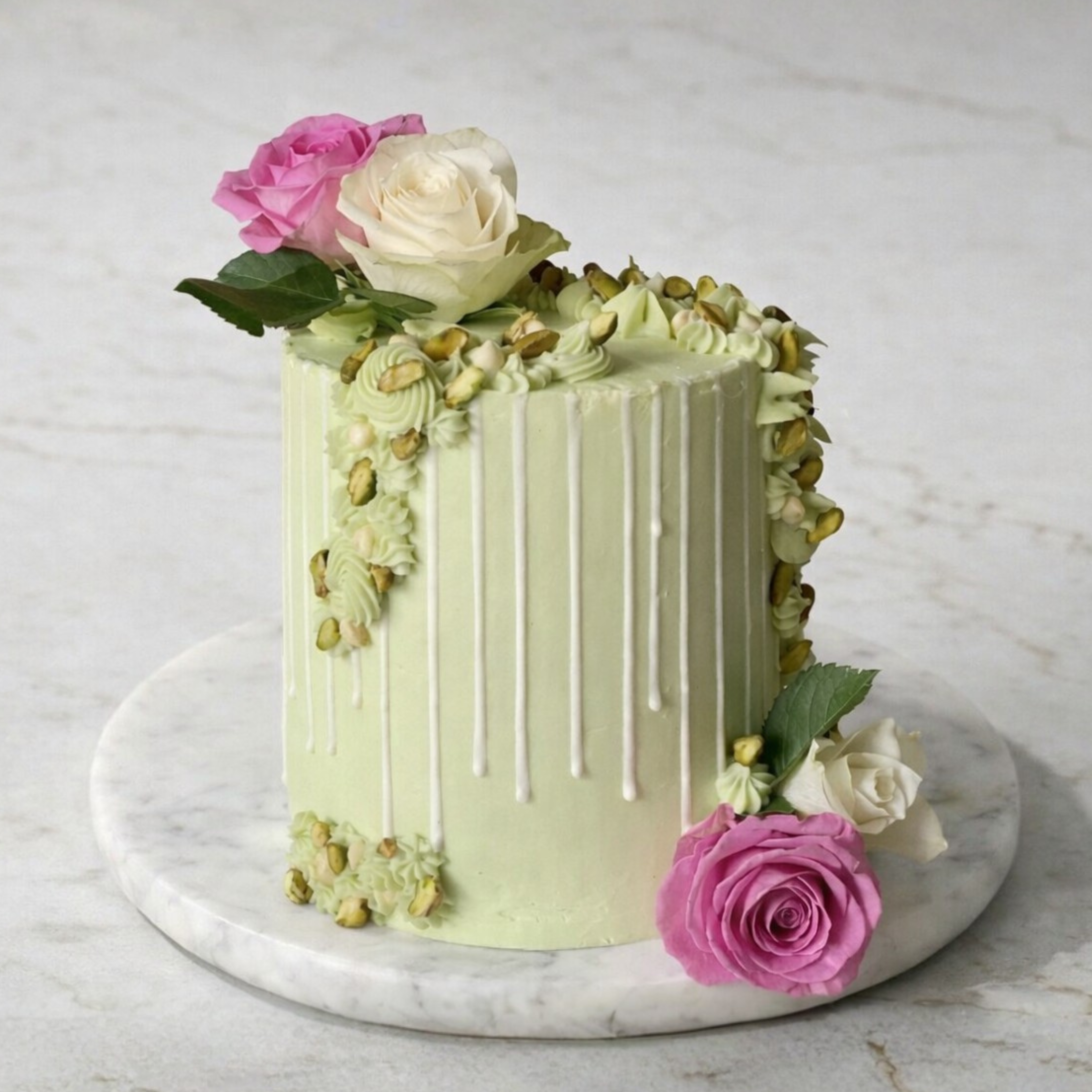 Pale green cake with pink and white roses, vertical stripes, and ornate piping on a marble platter.