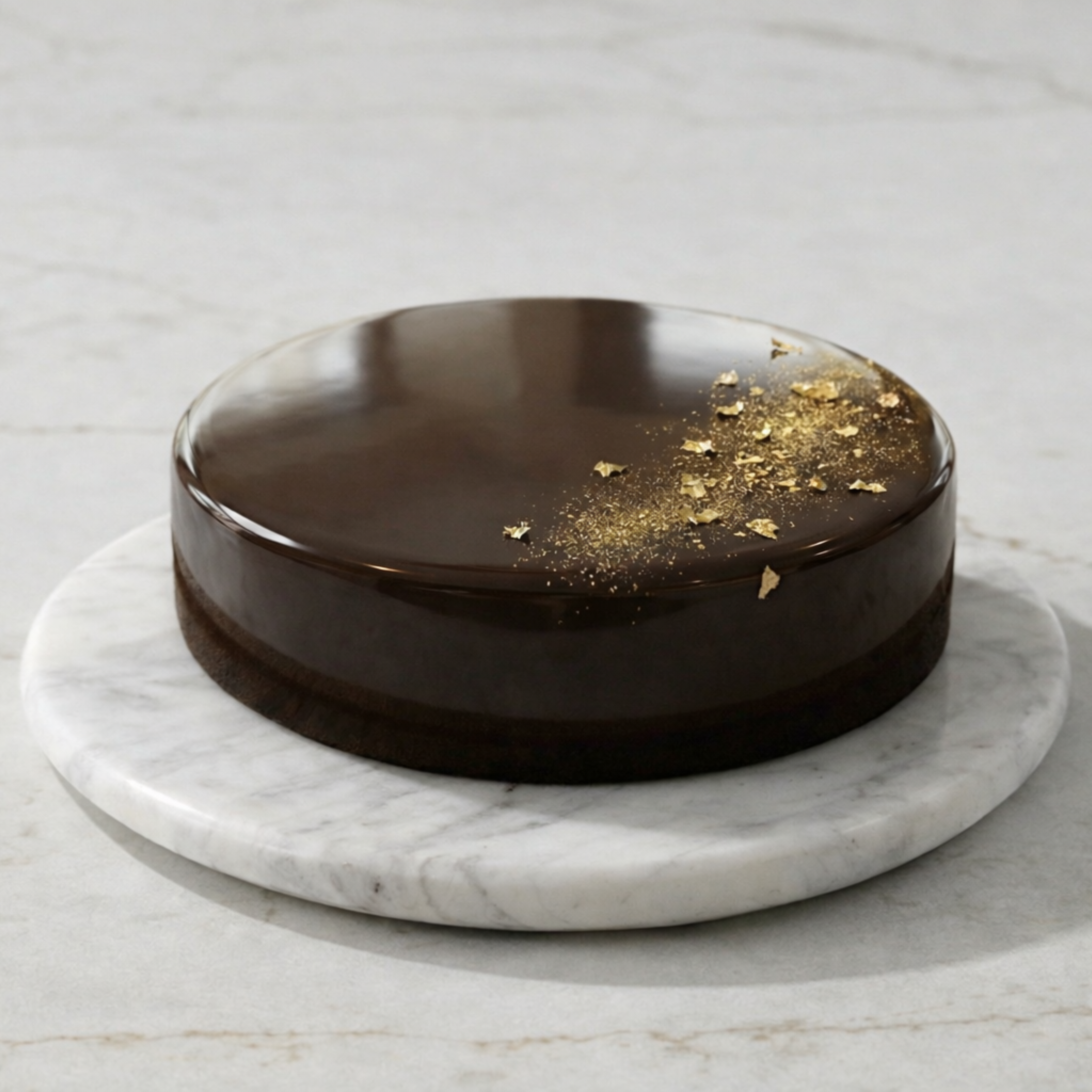 Chocolate cake with gold flakes on a marble stand