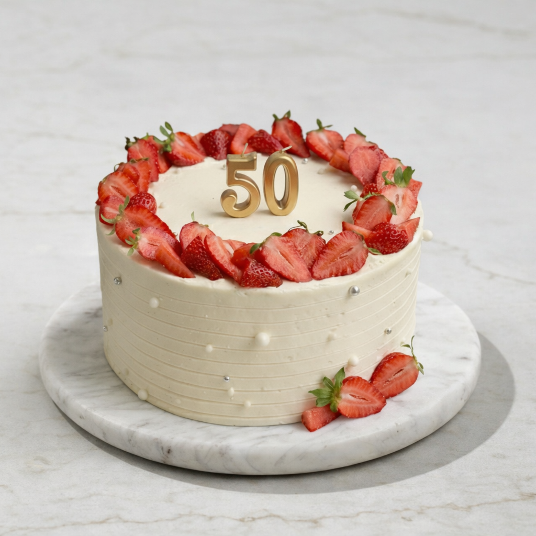 White cake with strawberries and a gold number 50 on a marble surface