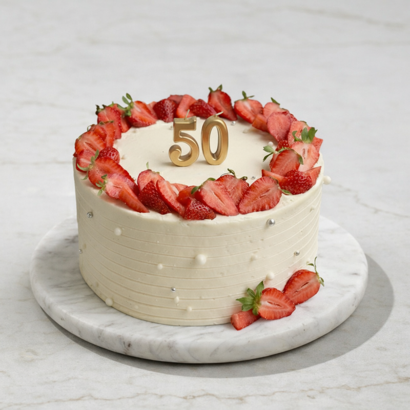 White cake with strawberries and a gold number 50 on a marble surface