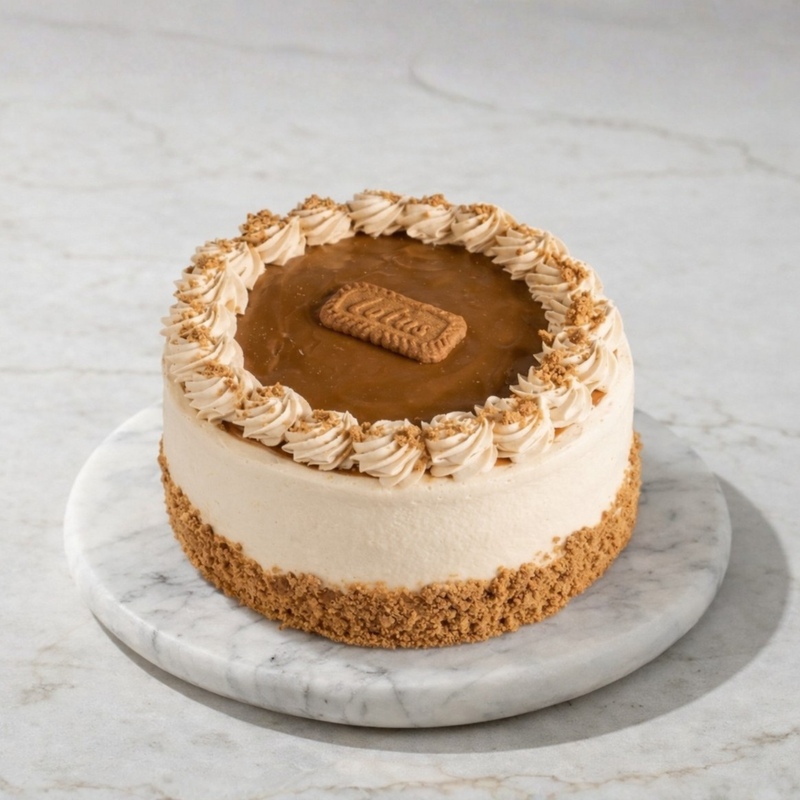 Elegant caramel cake with rosettes, biscoff topping, and crumb accents on a marble surface.