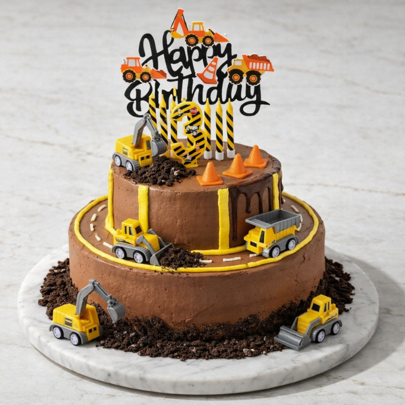 Construction-themed chocolate cake with mini trucks, traffic cones, cookie crumb dirt, and a Happy Birthday topper.